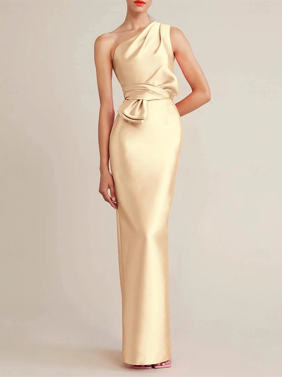 Sheath/Column  Floor Length Sleeveless One Shoulder Wedding Guest Dresses Satin with Bow(s) Pocket - QUGEX