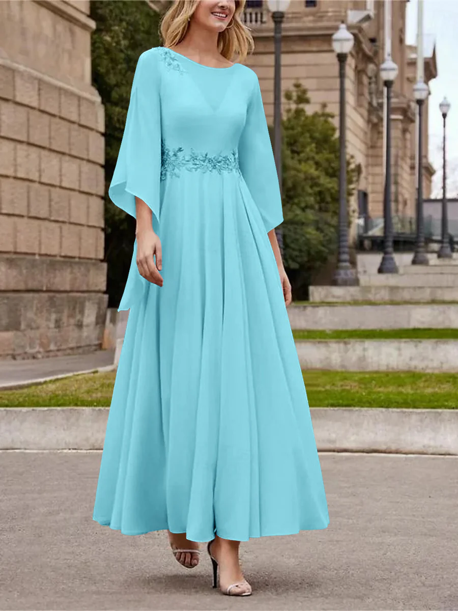 A-Line/Princess Jewel Neck 3/4 Length Sleeve Ankle-Length Mother of the Bride Dresses with Sequins - QUGEX