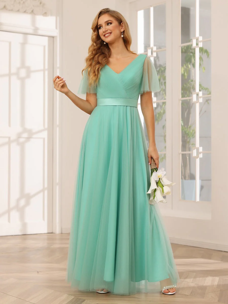 A-Line/Princess V-Neck Short Sleeves Floor-Length Long Bridesmaid Dresses with Lace - QUGEX