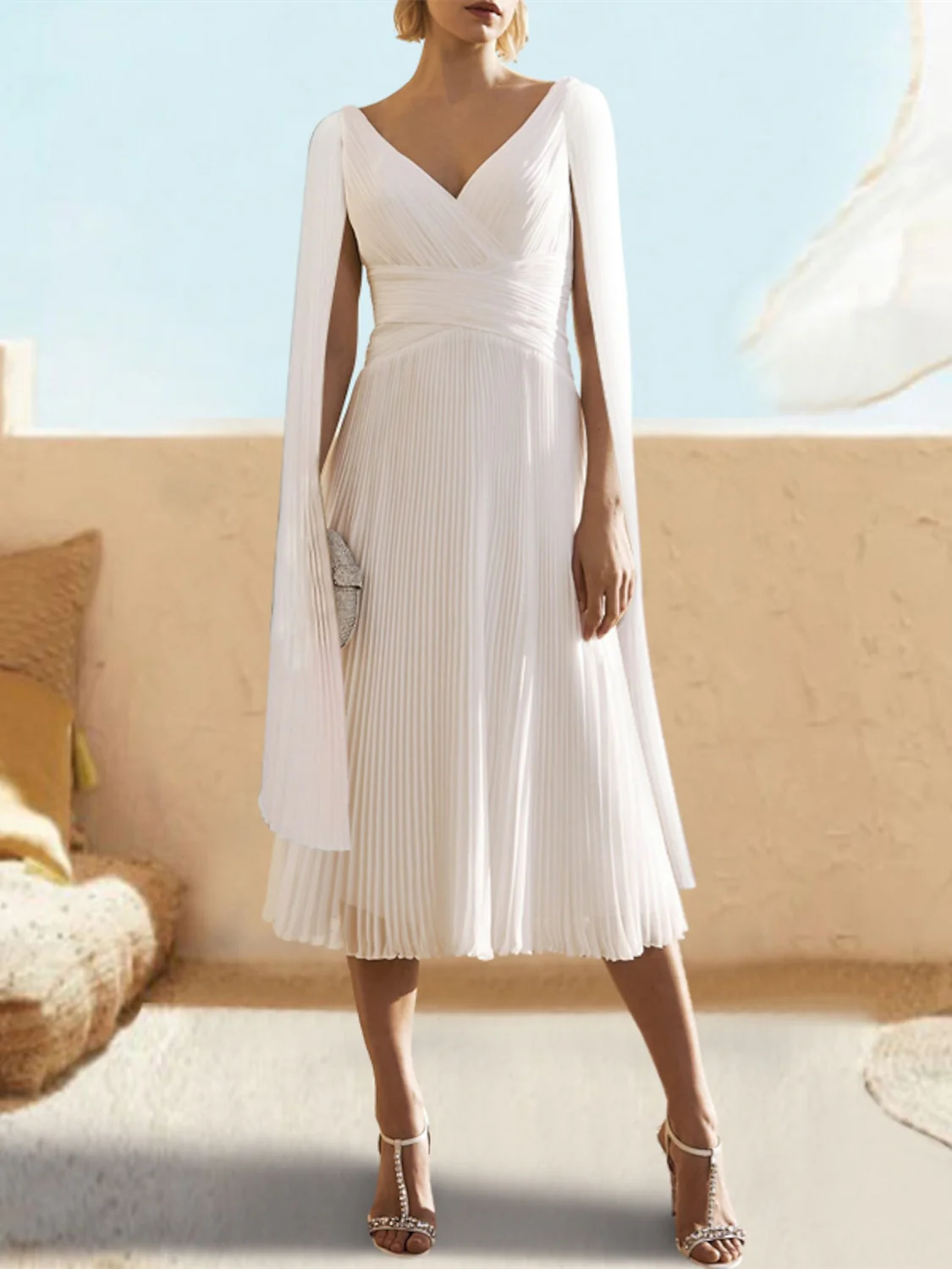 A-Line/Princess V-Neck Floor-Length Tea-Length Cocktail  Dress with Watteau Train - QUGEX