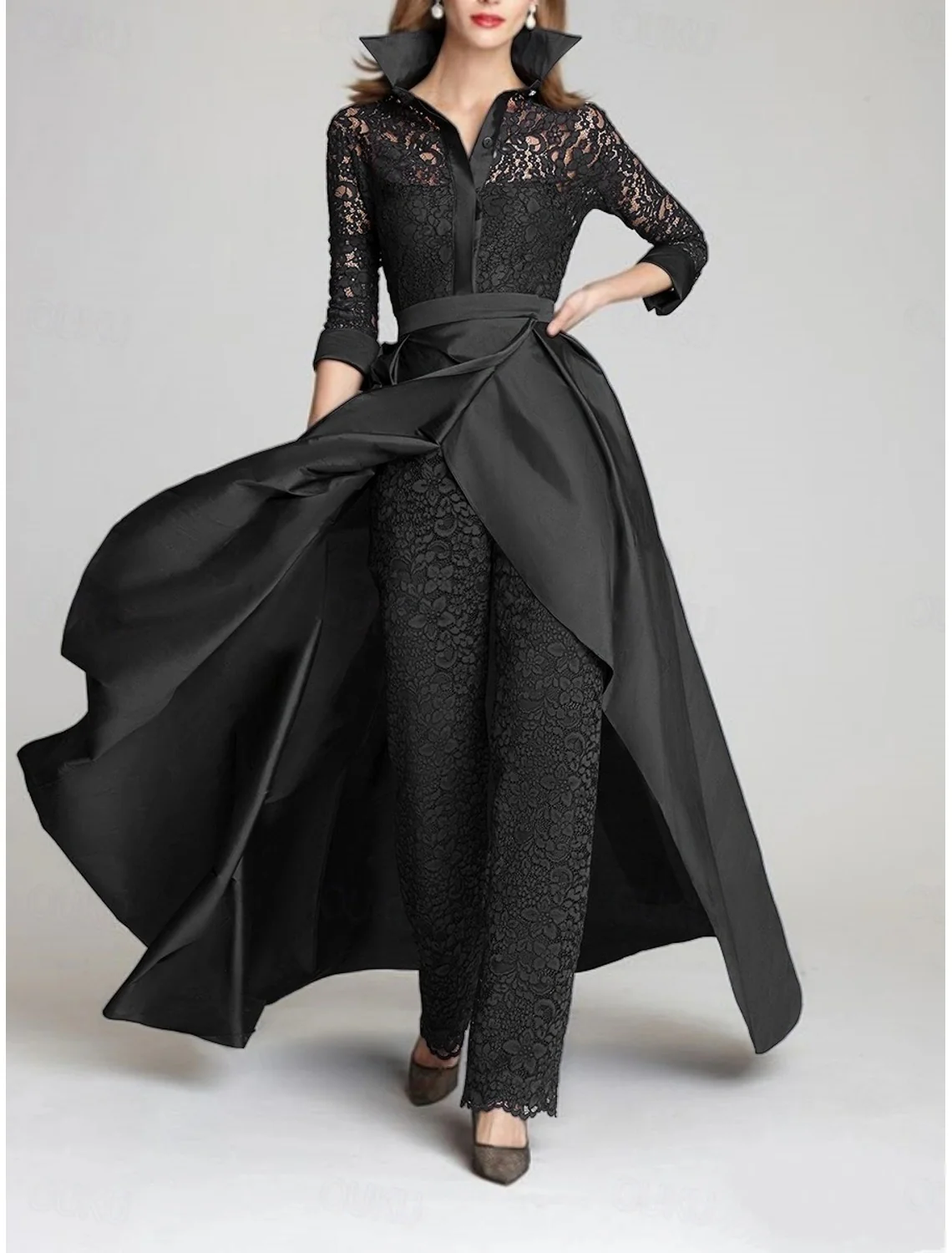 3/4 Sleeves 2 Pieces Mother of the Bride Pantsuits Lace Shirt Collar Jumpsuit Ruched Detachable - QUGEX