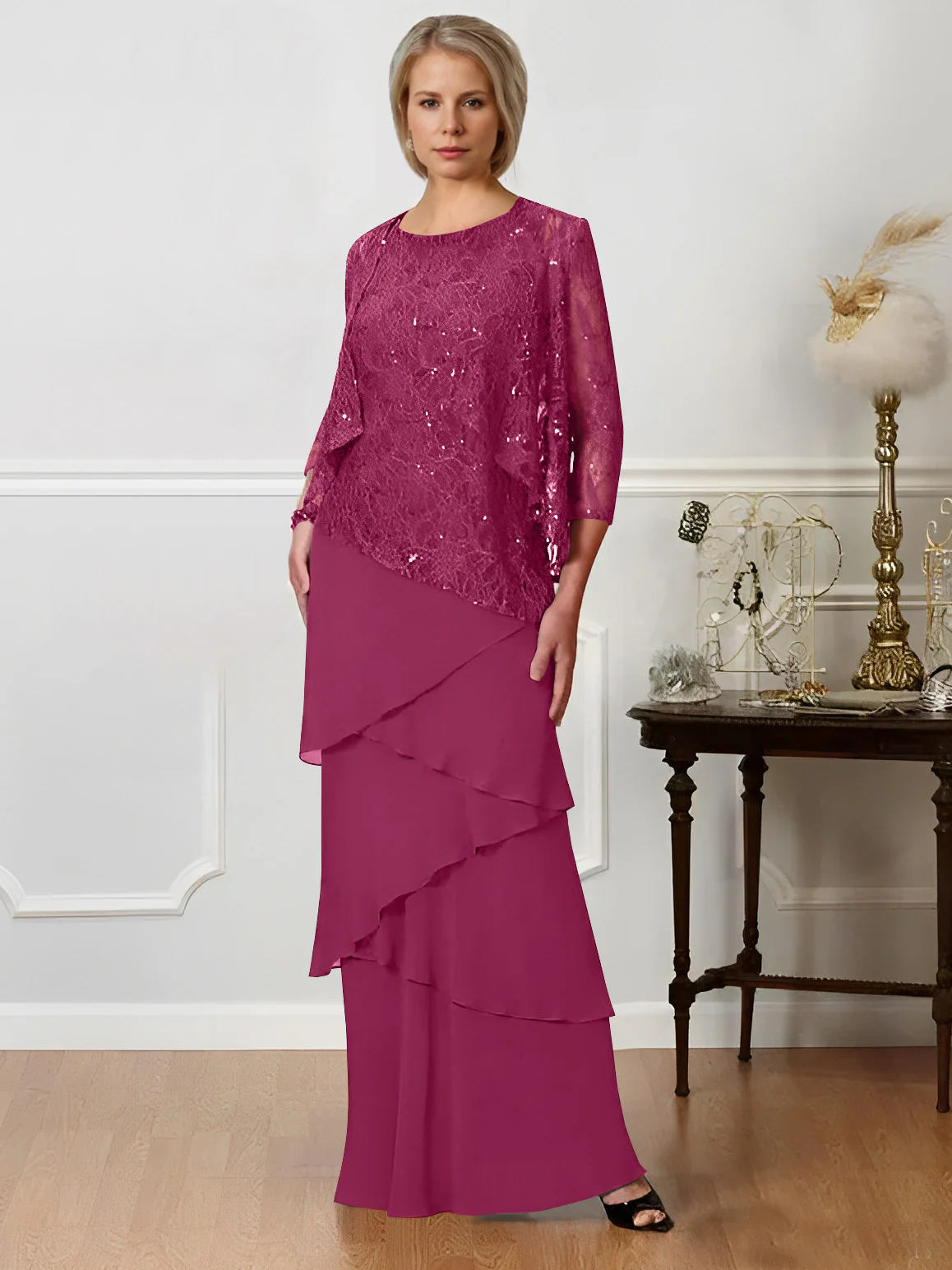 A-Line/Princess Jewel Neck Floor-Length Mother of the Bride Dresses - QUGEX