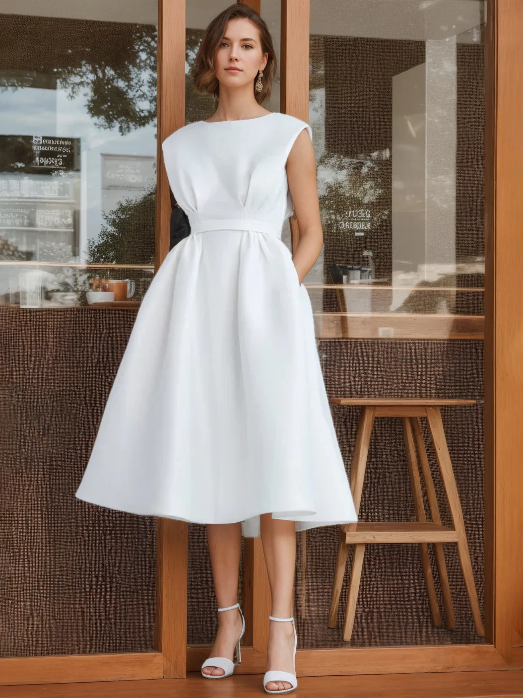 A-Line/Princess Scoop Sleeveless Tea Length Wedding Dress With Ruffles - QUGEX