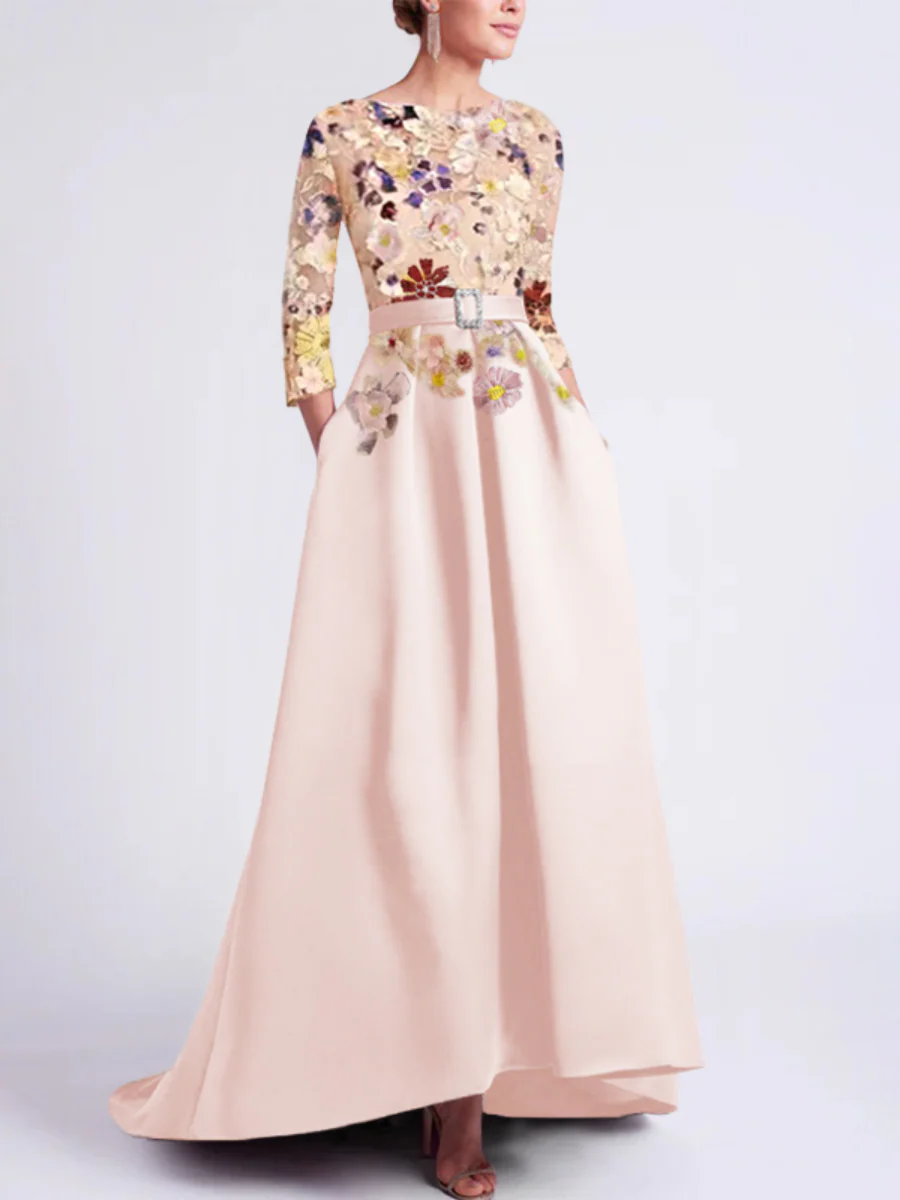 A-Line/Princess Scoop 3/4 Sleeves Asymmetrical Mother of the Bride Dresses with Appliques Lace - QUGEX