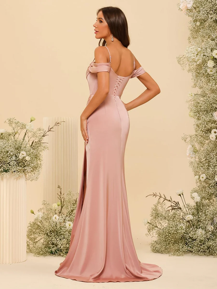 Mermaid/Trumpet Satin Off-the-Shoulder Sleeveless Floor-Length Bridesmaid Dresses - QUGEX