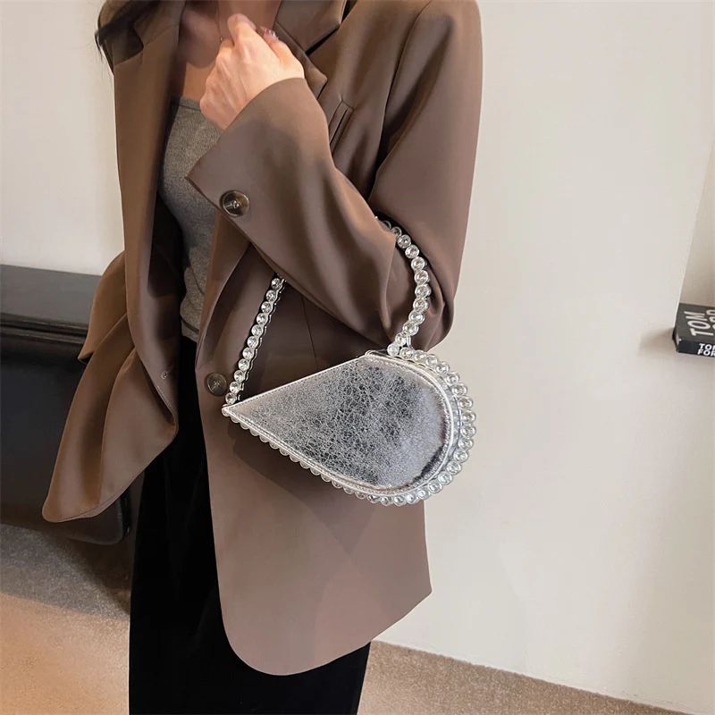 Silver Sweet Heart PU Fashion High-End Evening Clutch Bag with Rhinestone - QUGEX