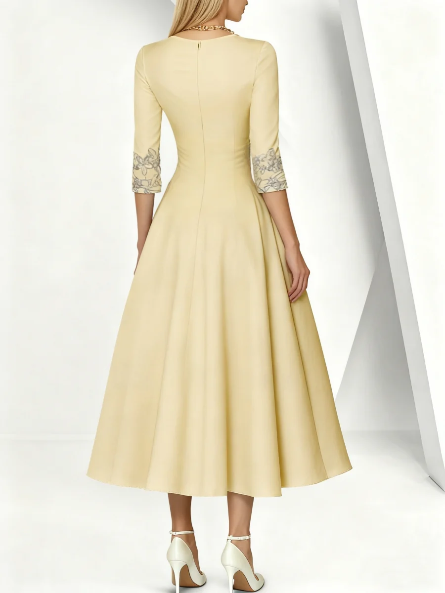 A-Line/Princess V-Neck Satin Mother of the Bride Dresses 3/4 Sleeves Pleated Lace Tea-Length - QUGEX