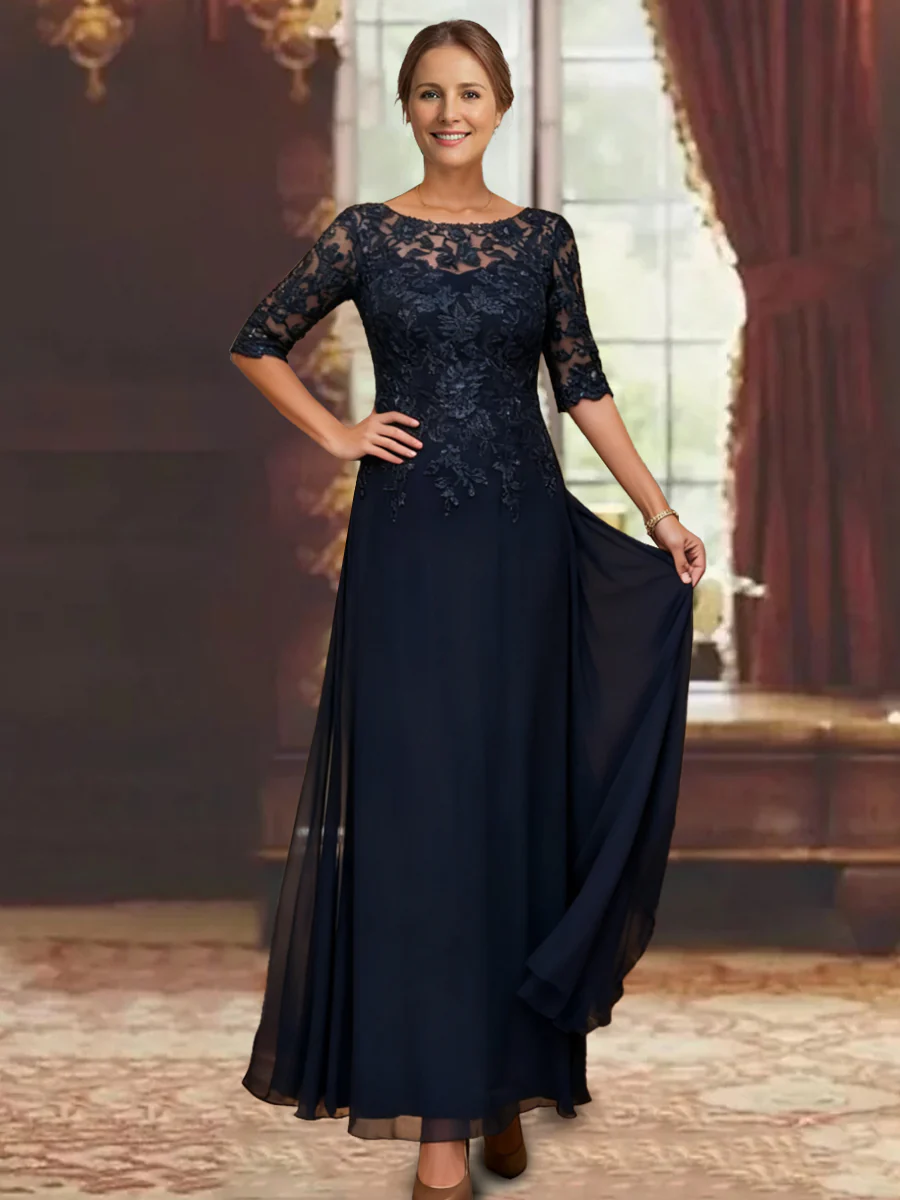 A-Line/Princess Chiffon Scoop Half Sleeves Mother of the Bride Dresses Lace Ankle-Length - QUGEX