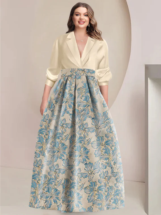 A-Line/Princess Shirt Collar 3/4 Sleeves Printed Flower Mother of the Bride & Groom Dresses - QUGEX