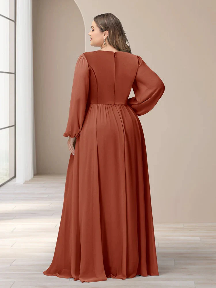A-Line/Princess V-Neck Long Sleeves Chiffon Long Plus Size Bridesmaid Dresses With Split Side - QUGEX