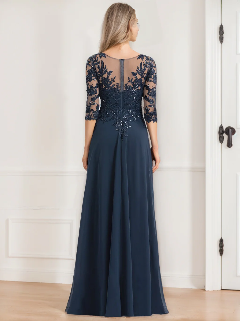 A-Line/Princess V-Neck Half Sleeves Floor-Length Mother of the Bride Dresses with Sequins - QUGEX