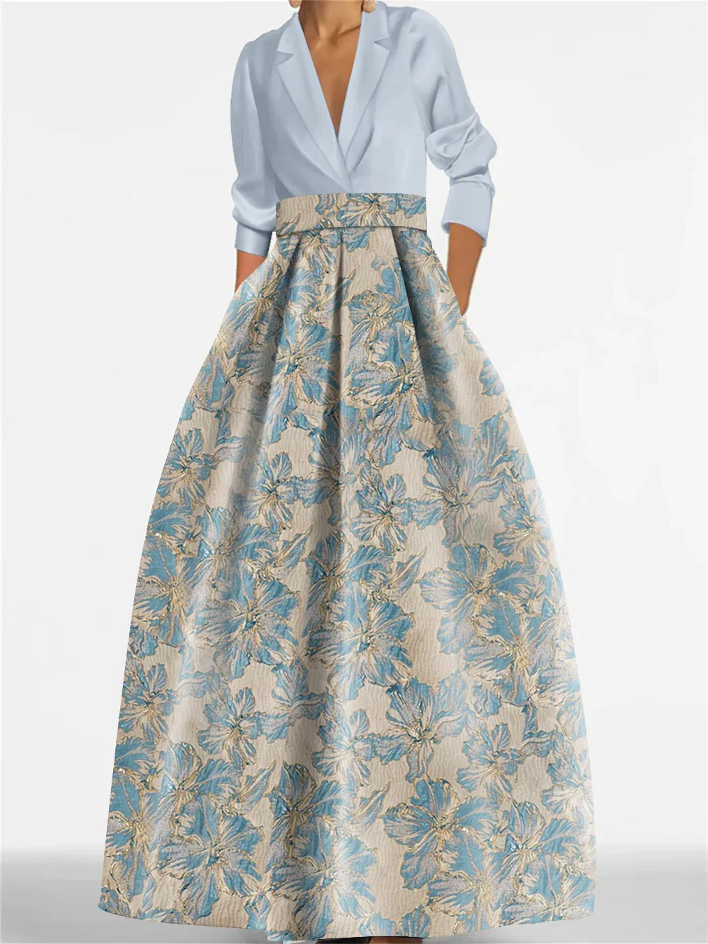 A-Line/Princess Shirt Collar 3/4 Sleeves Printed Flower Mother of the Bride & Groom Dresses - QUGEX