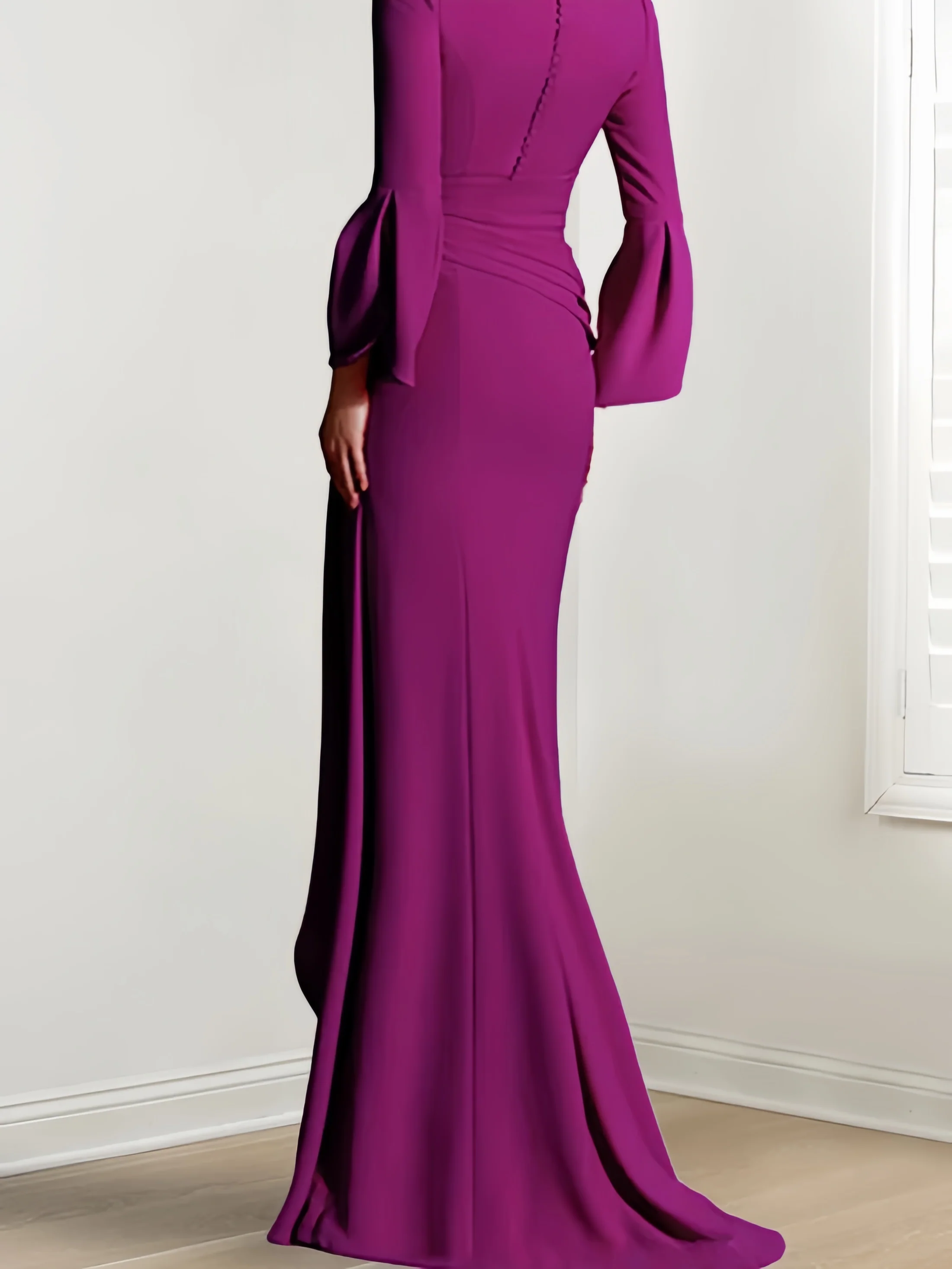 Sheath/Column V-Neck Long Sleeves Floor-Length Mother of the Bride Dresses With Split Side - QUGEX