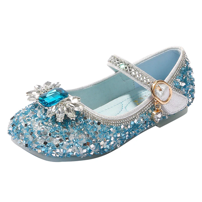 Girl's Sparkling Rhinestone Low Heel Round Toe Shoes with Bow & Velcro - QUGEX