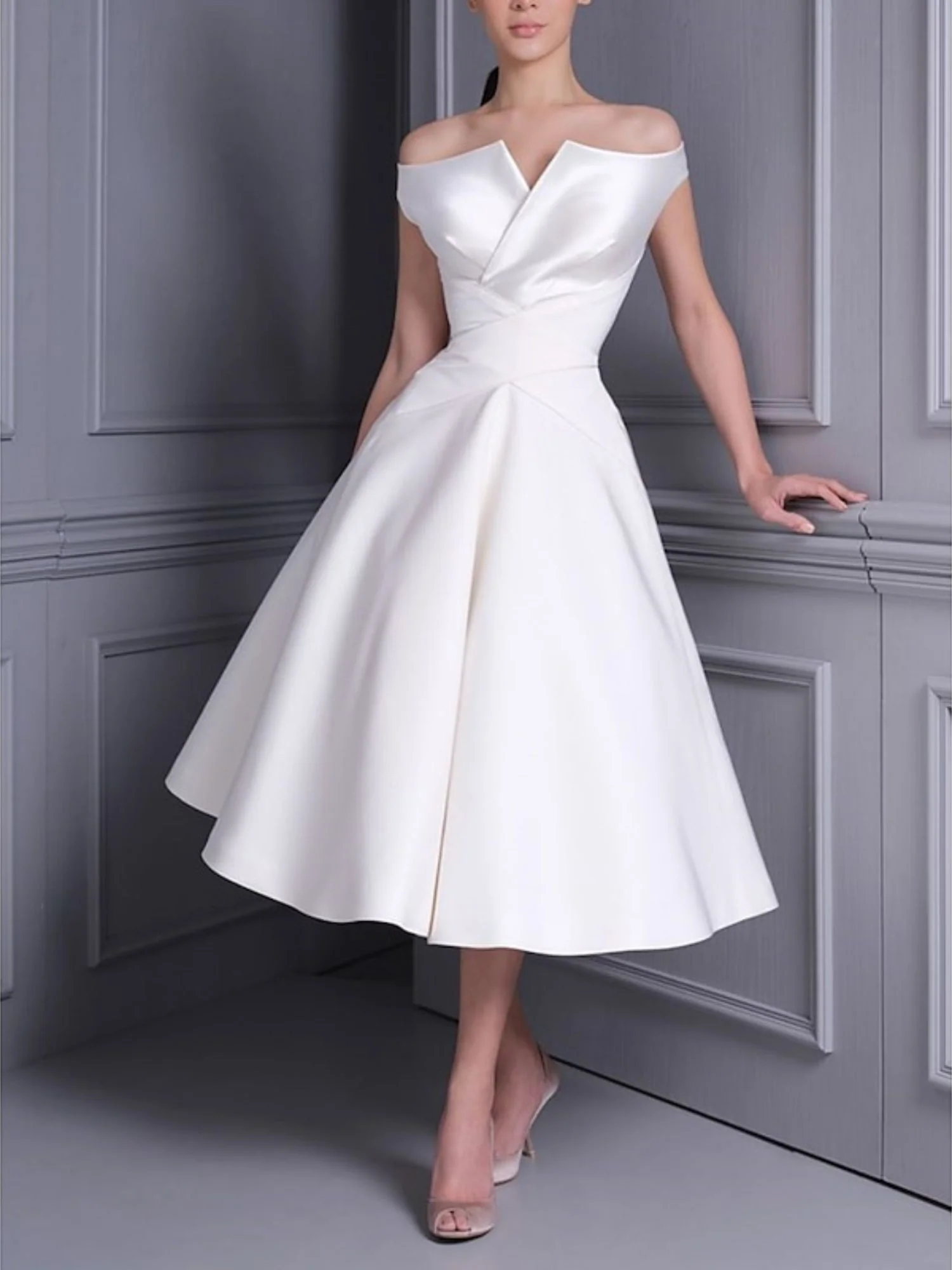 A-Line/Princess Off-the-shoulder Short Sleeves Tea Length luxurious Wedding Dress With Ruffle - QUGEX