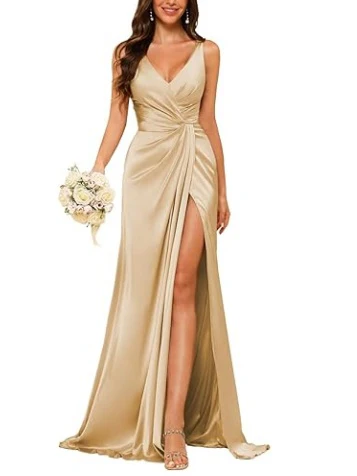 Sheath V-Neck Sleeveless Floor-Length Bridesmaid Dress with Ruched - QUGEX