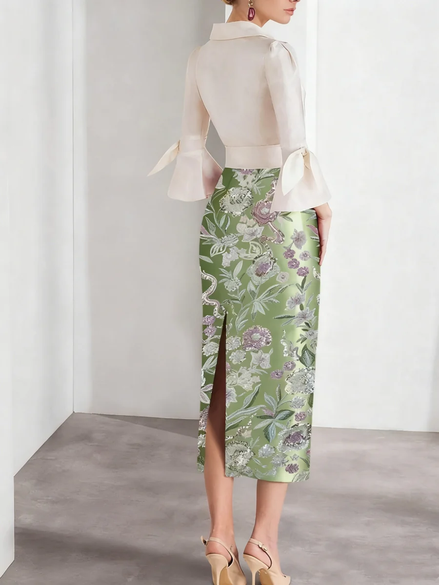 Sheath/Column V-Neck Satin Mother of the Bride Dresses 3/4 Sleeves Shirt Collar Tea-Length Cocktail Dresses - QUGEX