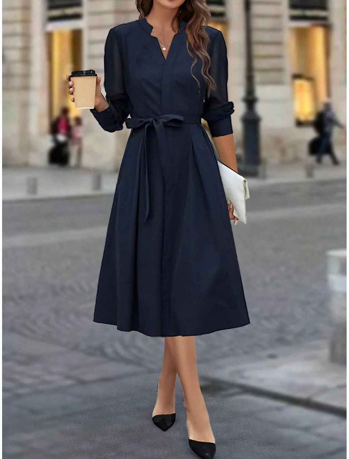 A Line/Princess V Neck Long Sleeves Wedding Guest Dress Midi Dress - QUGEX