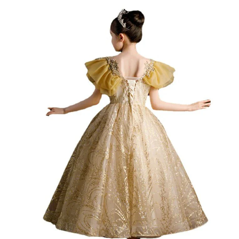 Ruffle Sleeves A-Line/Princess Floor Length Girl Party Dress with  Rhinestones Appliques - QUGEX