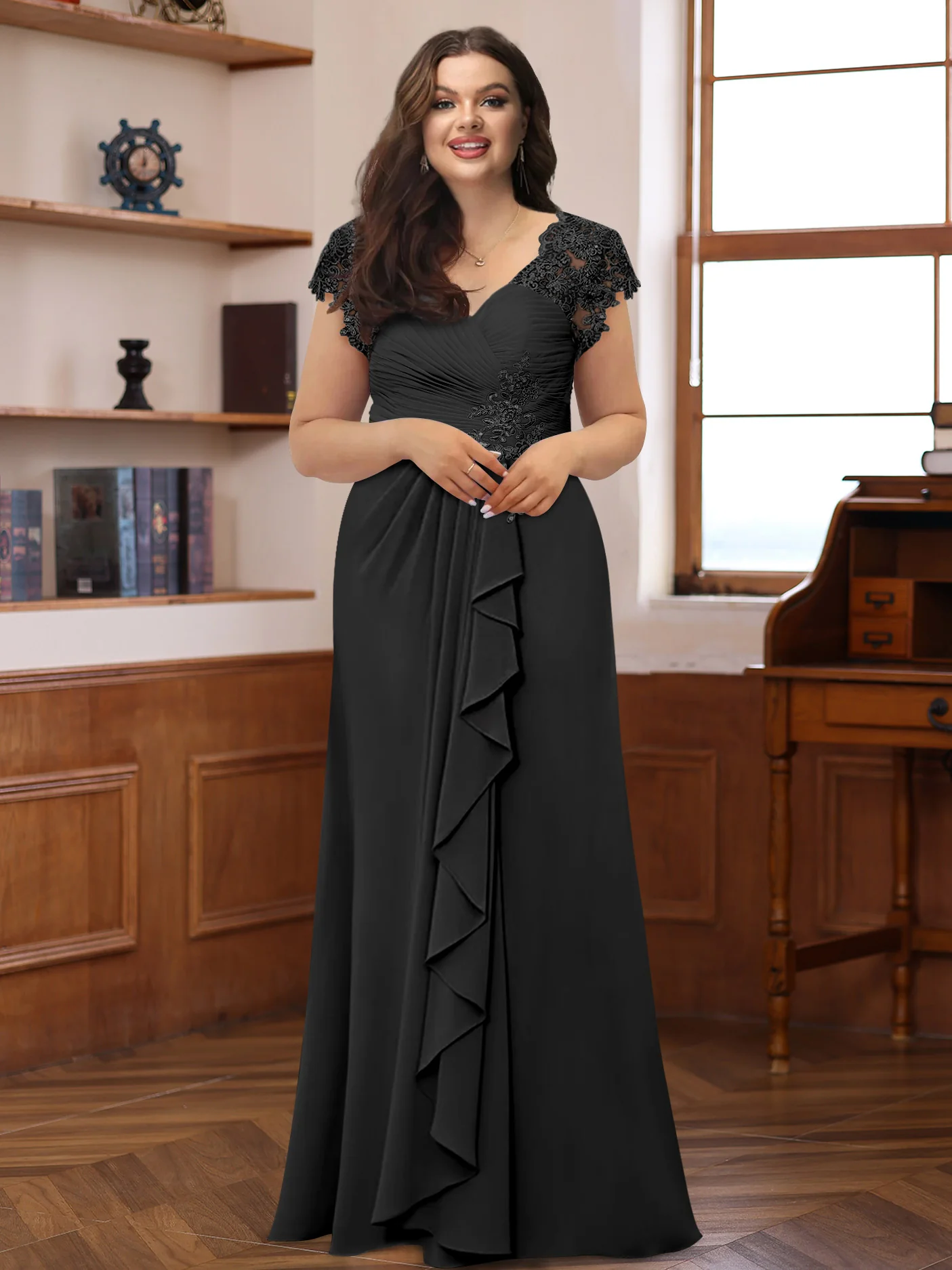 A-Line/Princess V-Neck Short Sleeves Pleated Plus Size Mother of the Bride & Groom Dresses with Ruffles & Appliques - QUGEX