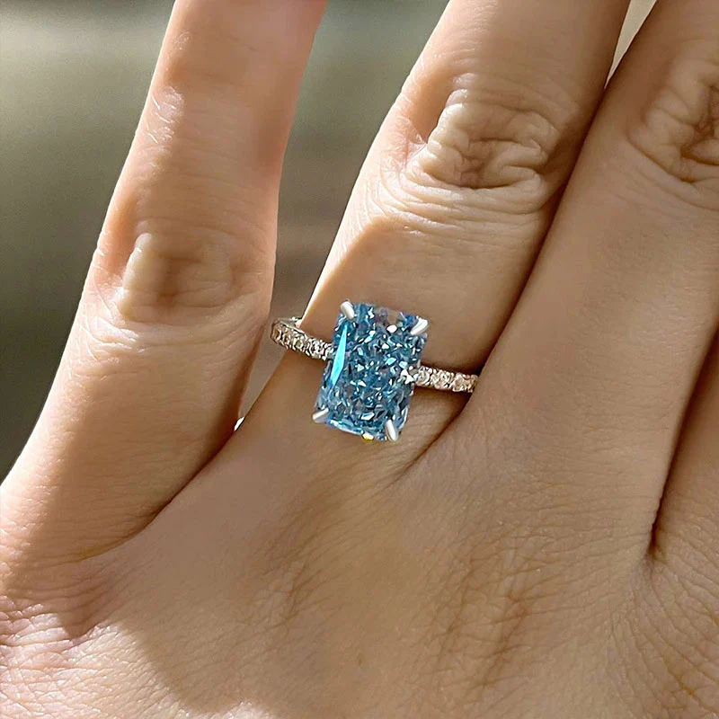 White Gold Sterling Silver Radiant Cut Light Aquamarine Blue Women's Ring Valentine's Day Engagement Wedding Jewelry - QUGEX