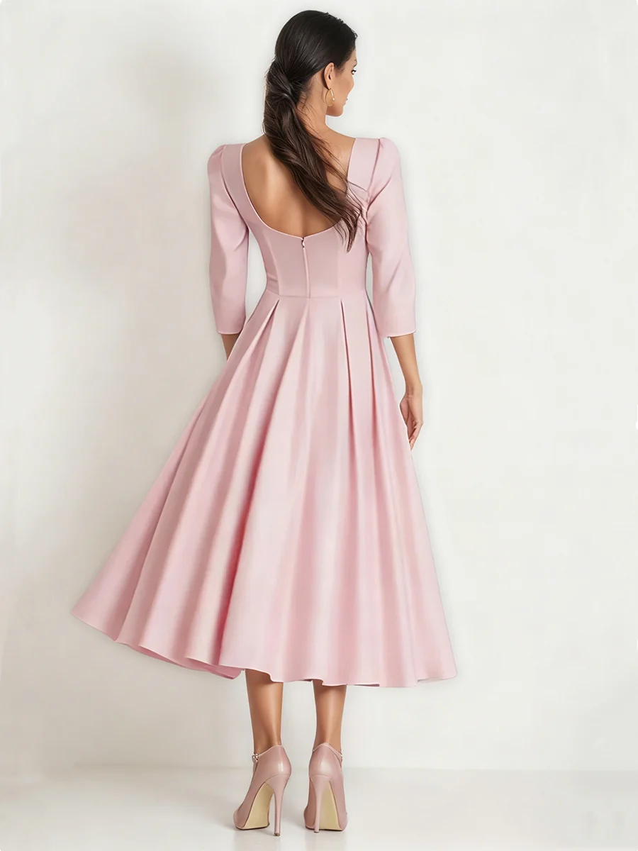 A-Line/Princess Square Collar Satin Mother of the Bride Dresses 3/4 Sleeves Ankle-Length Pleated - QUGEX