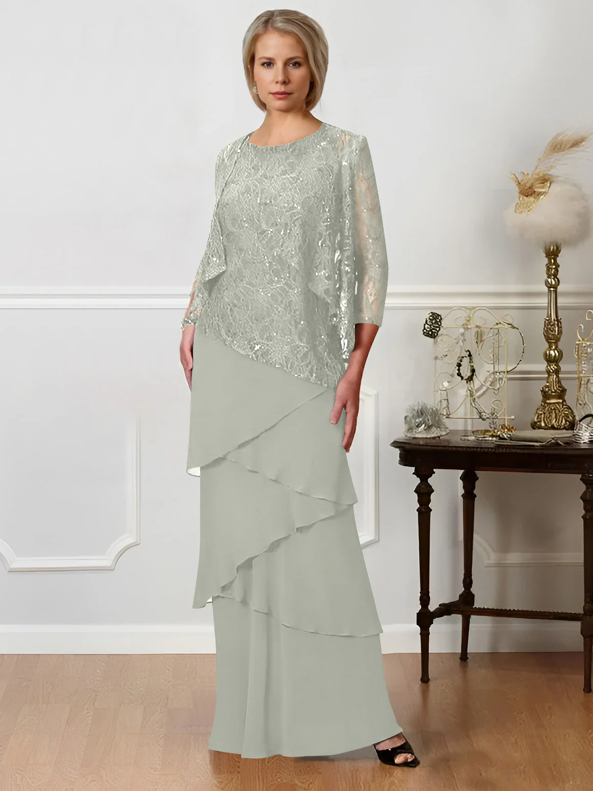 A-Line/Princess Jewel Neck Floor-Length Mother of the Bride Dresses - QUGEX
