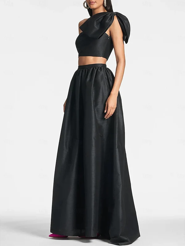 A-Line/Princess One Shoulder Floor Length Sleeveless  Wedding Guest Dresses  Satin with Tie Pocket Bow(s) - QUGEX