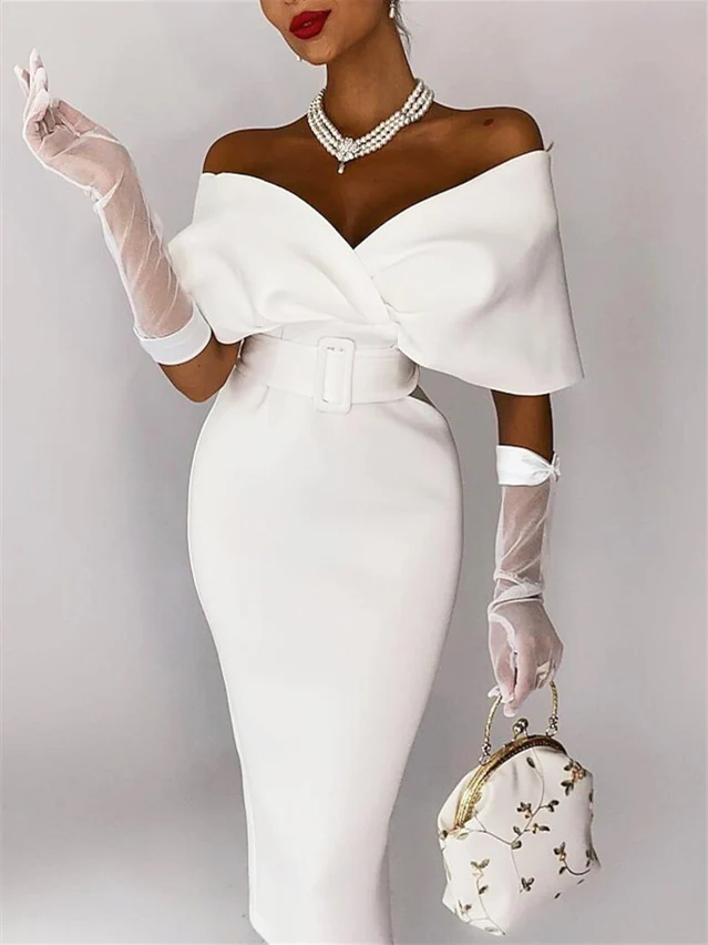 Sheath / Column Tea-Length Off-the-Shoulder Cocktail Dresses - QUGEX