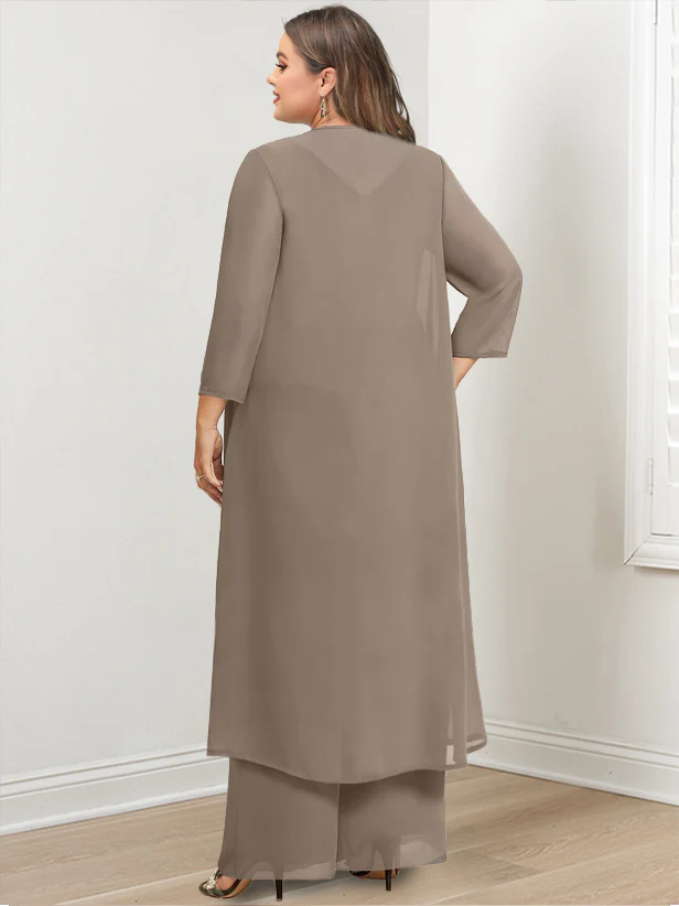 Chiffon Round Neck Floor-Length Plus Size Mother Of The Bride Pantsuits With Jacket & Applique - QUGEX