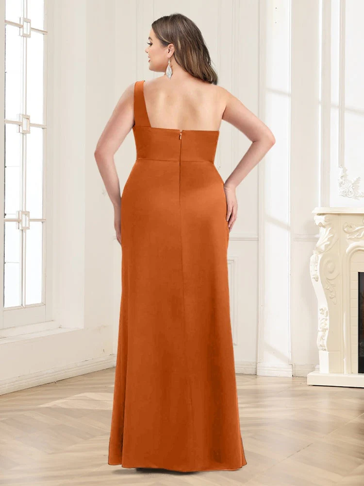 Trumpet/Mermaid One-Shoulder Floor-Length Plus Size Ruched Bridesmaid Dresses - QUGEX