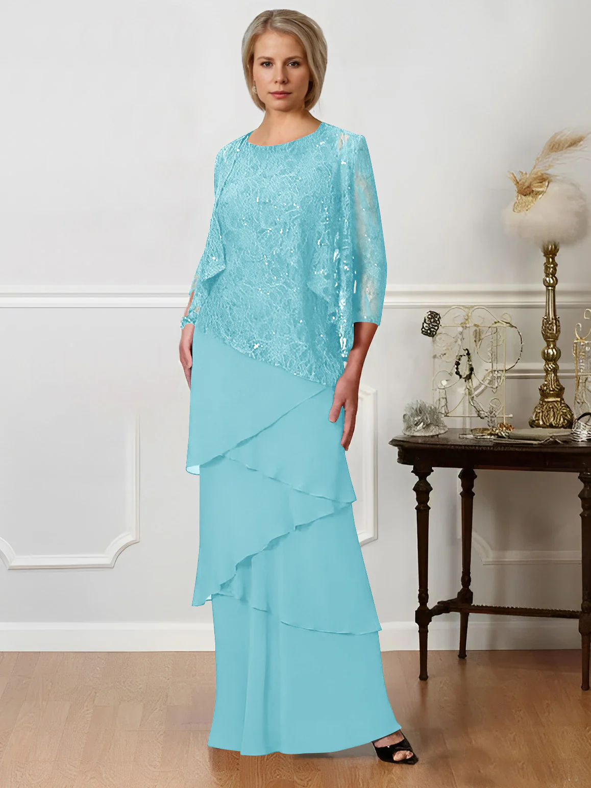 A-Line/Princess Jewel Neck Floor-Length Mother of the Bride Dresses - QUGEX