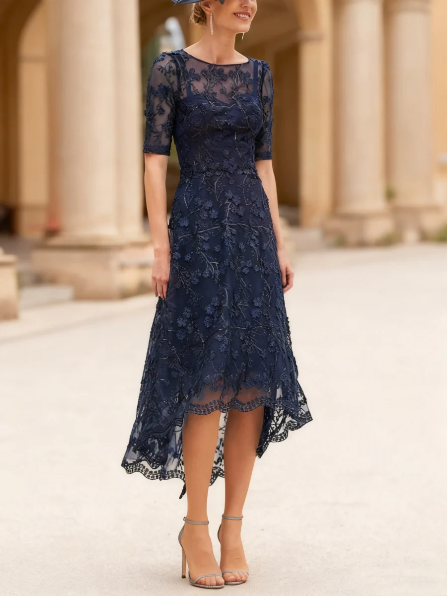 A-Line/Princess Scoop Lace Mother of the Bride Dresses Tea-Length Half Sleeves Cocktail Dresses - QUGEX