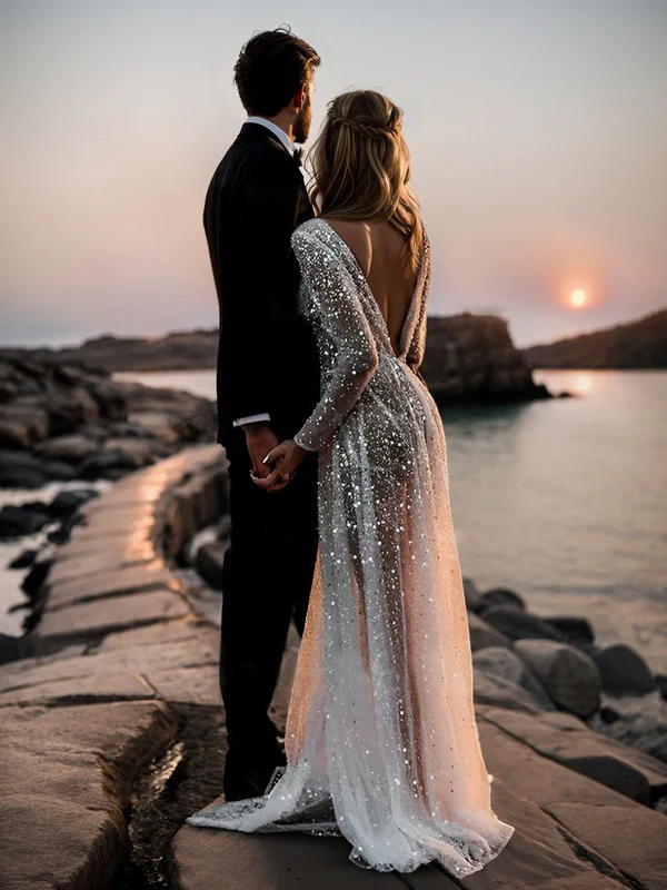 A-Line/Princess V-Neck Long Sleeves Sequins Wedding Dress - QUGEX