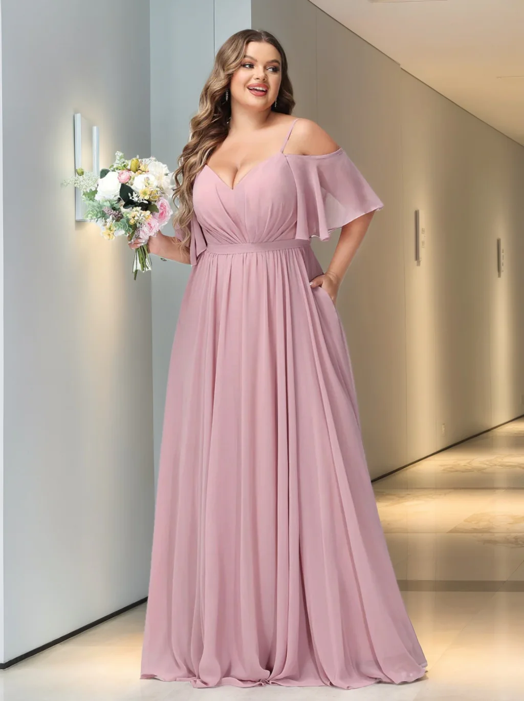 A-Line/Princess Spaghetti Straps Half Sleeves Chiffon Plus Size Bridesmaid Dresses with Pockets - QUGEX