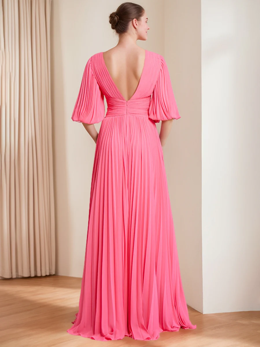 A-Line/Princess V-Neck 3/4 Sleeves Pleated Chiffon Chic Mother of the Bride & Groom Dresses - QUGEX