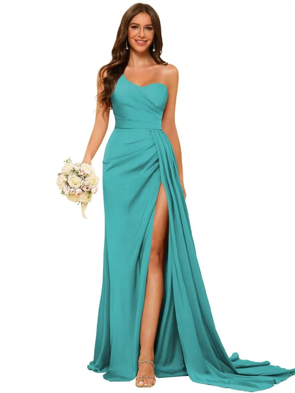 A-Line/Princess Satin One-shoulder Sleeveless Floor-Length Bridesmaid Dresses - QUGEX