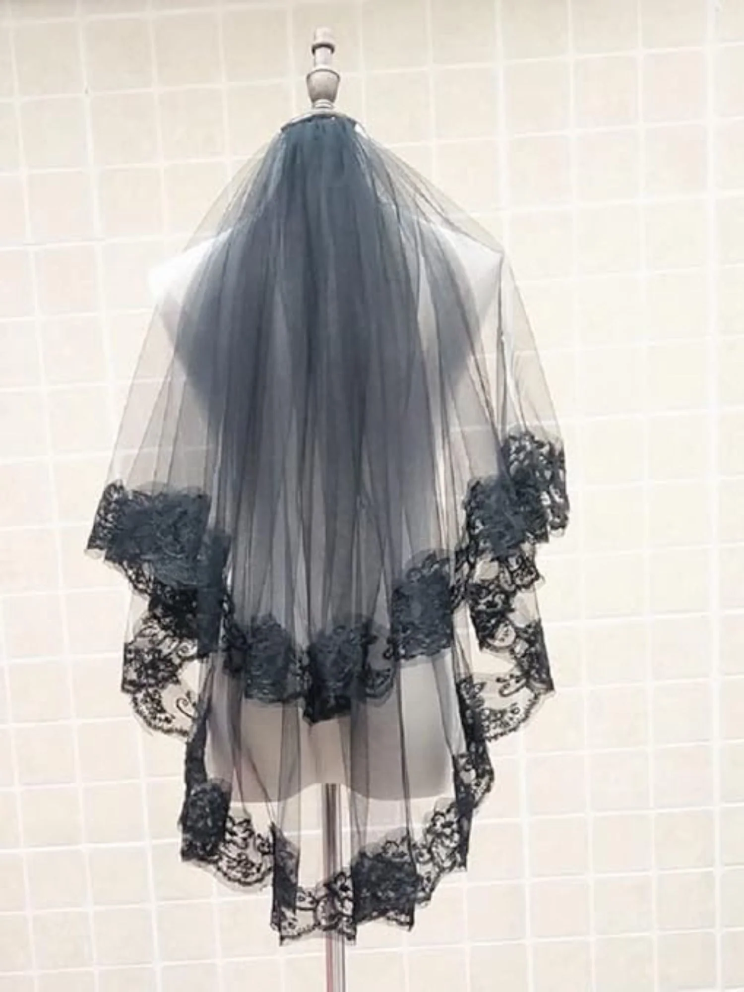 Halloween Black Gothic Punk Party Lace Veil Headpiece - QUGEX