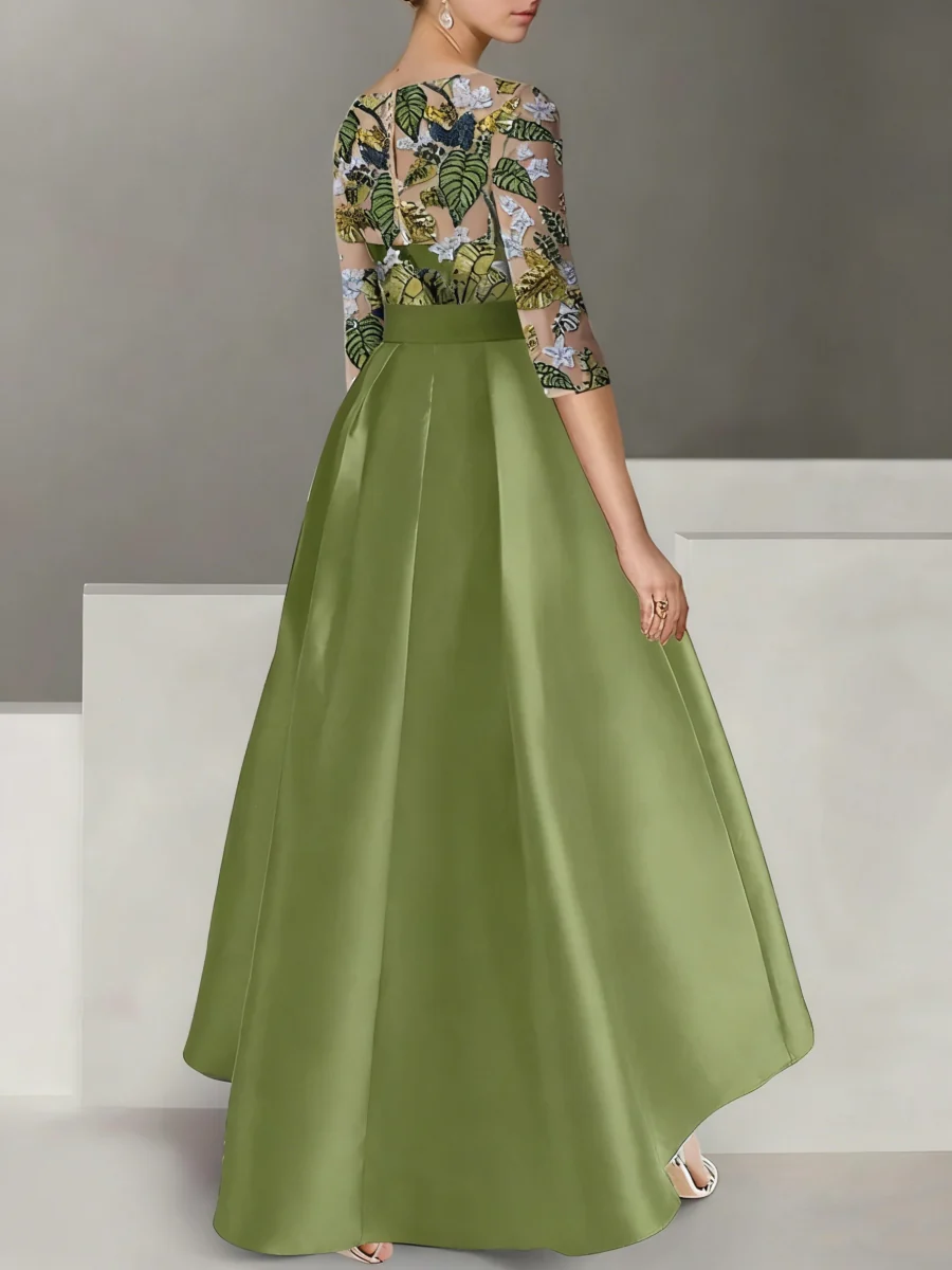 A-Line/Princess Satin Scoop Mother of the Bride Dresses 3/4 Sleeves Ankle-Length Floral Sequins - QUGEX