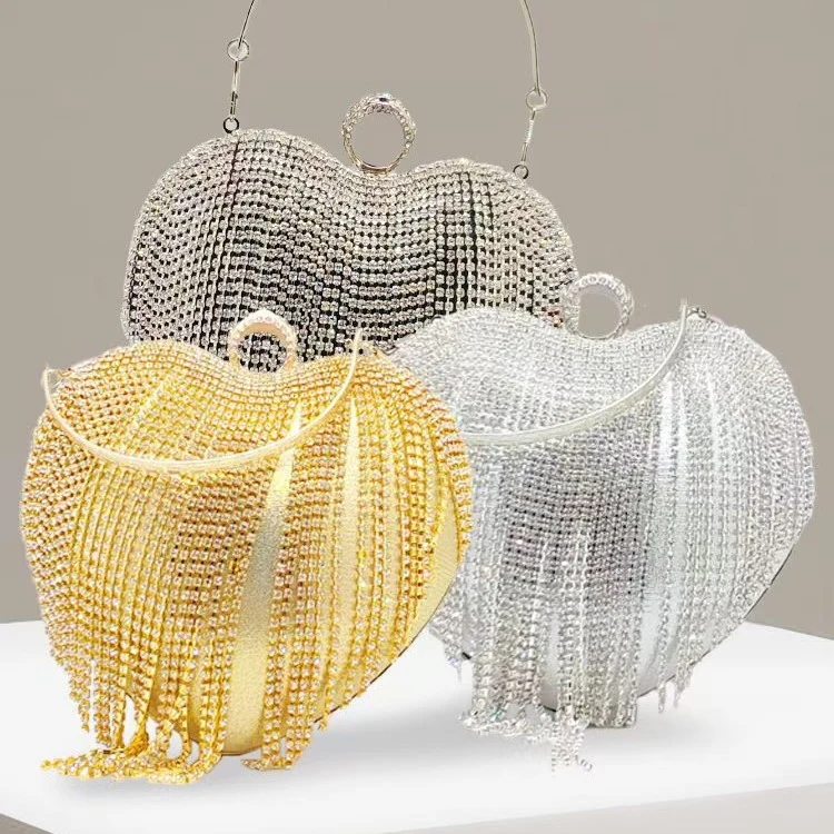 Gold Elegant Heart PU High-End Evening Clutch Bag with Rhinestone & Tassels - QUGEX