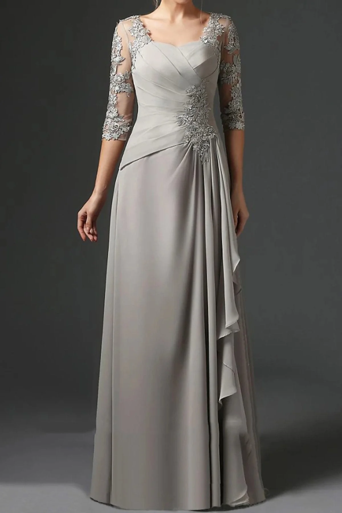 A-Line/Princess Square Neck Half Sleeves Floor-Length Mother of the Bride Dresses With Ruching - QUGEX