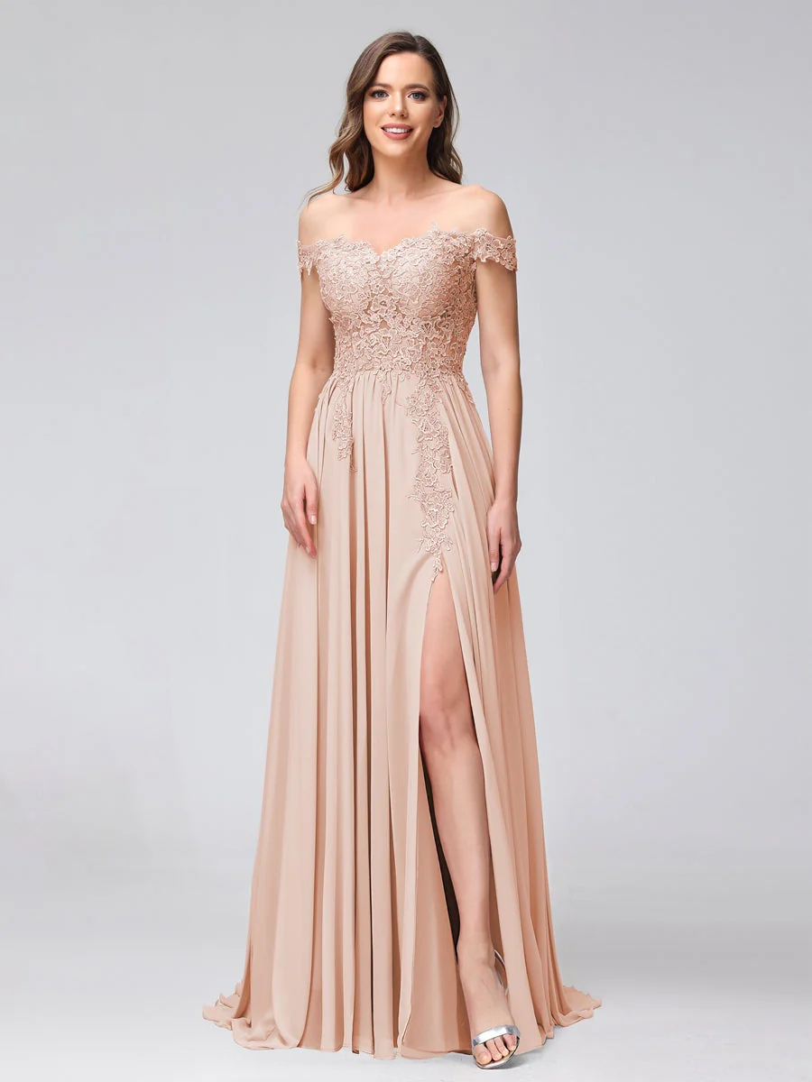 A-Line/Princess Off-the-Shoulder Sleeveless Long Bridesmaid Dresses with Side Slit & Appliqued - QUGEX