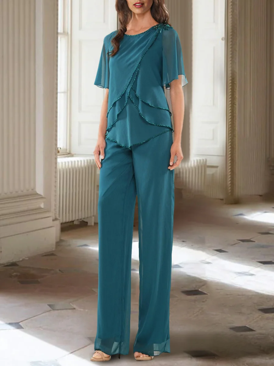 Chiffon Scoop Half Sleeves Asymmetrical Mother of the Bride Pantsuits with Ruffles Ankle-Length - QUGEX