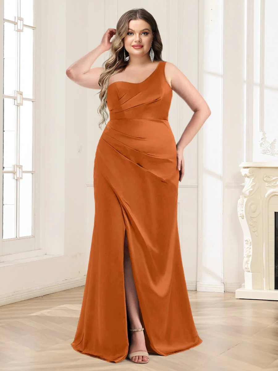 Trumpet/Mermaid One-Shoulder Floor-Length Plus Size Ruched Bridesmaid Dresses - QUGEX