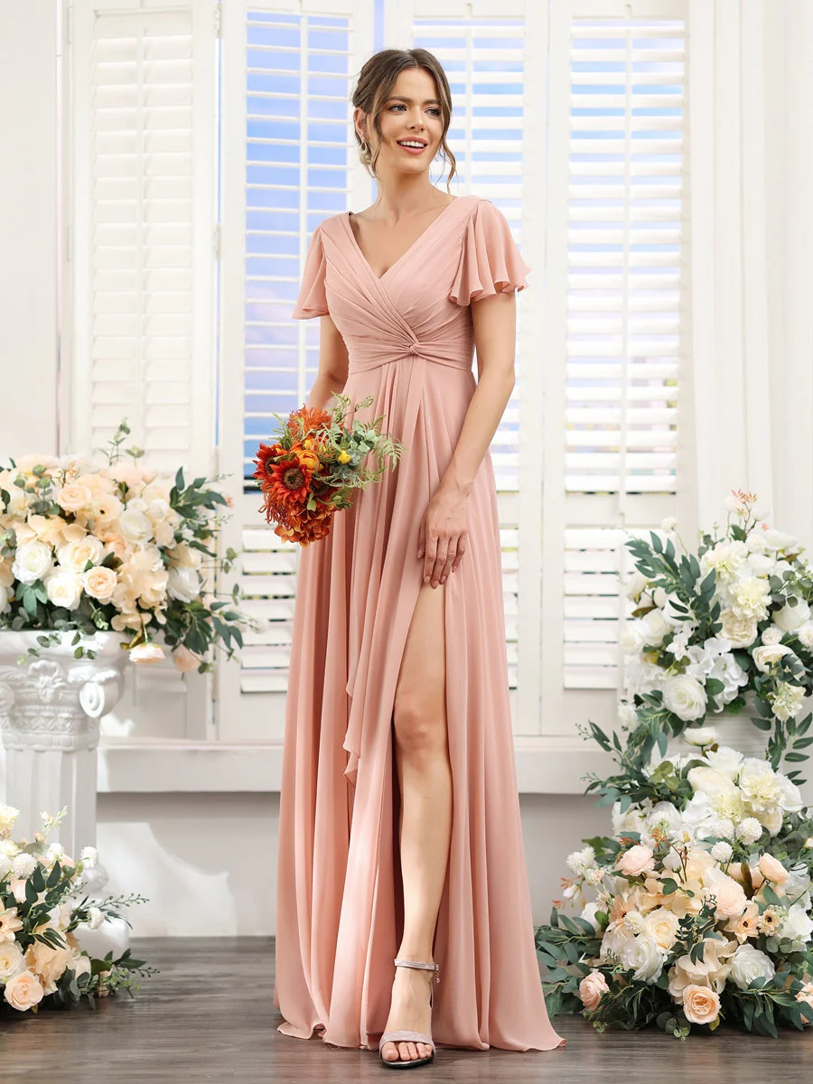 A-Line/Princess V-Neck Short Sleeves Floor-Length Bridesmaid Dresses with Split Side - QUGEX