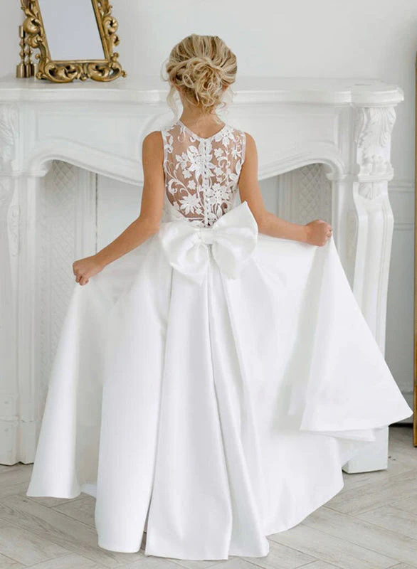 A-Line/Princess Satin Flower Girl Dresses with Applique & Bowknot - QUGEX