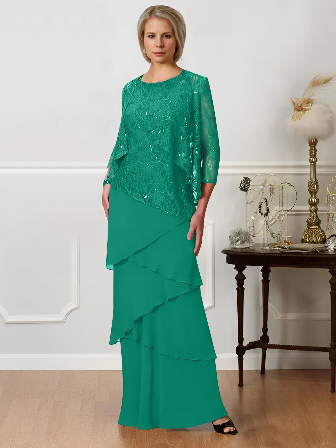 A-Line/Princess Jewel Neck Floor-Length Mother of the Bride Dresses - QUGEX