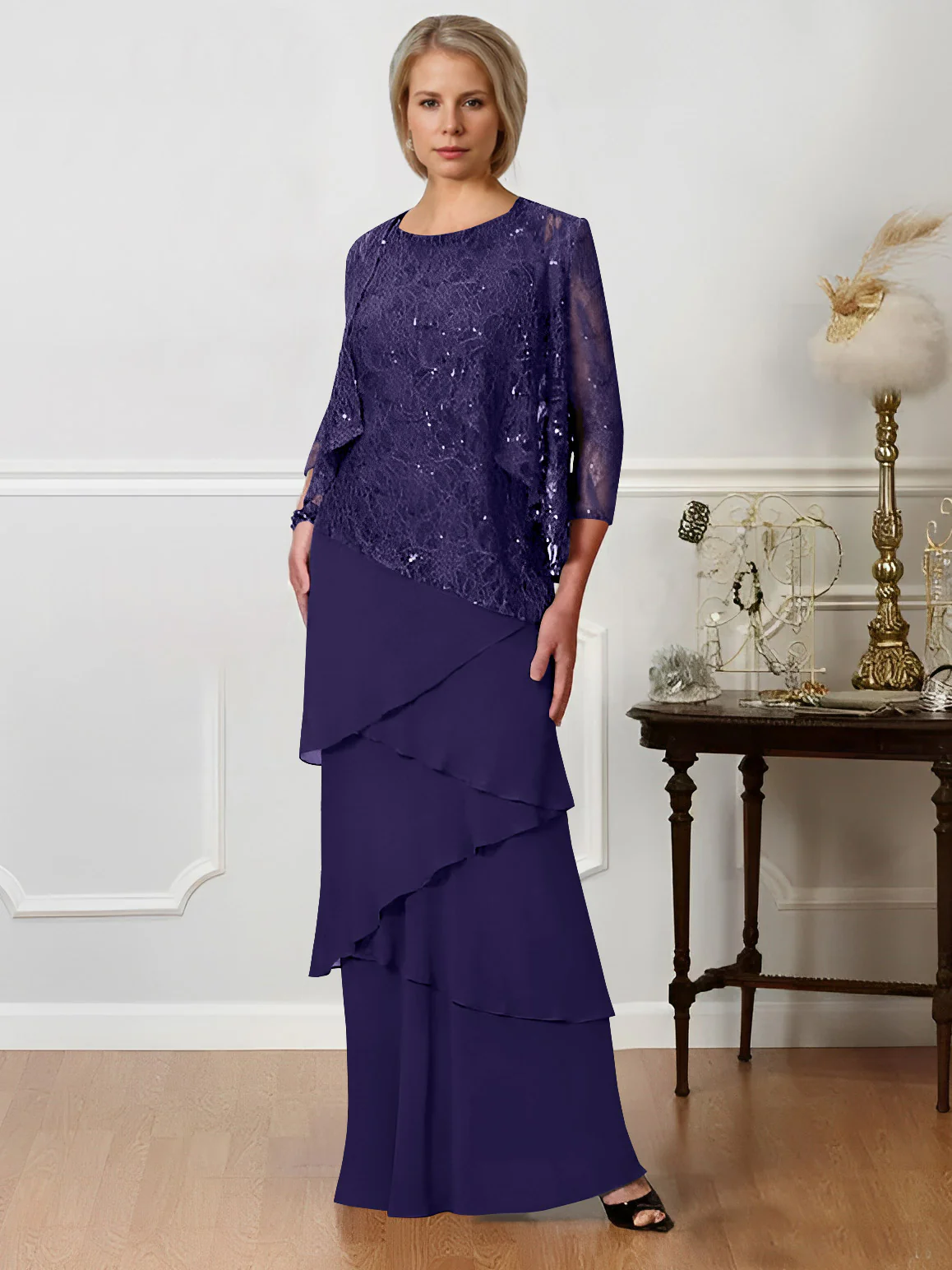 A-Line/Princess Jewel Neck Floor-Length Mother of the Bride Dresses - QUGEX