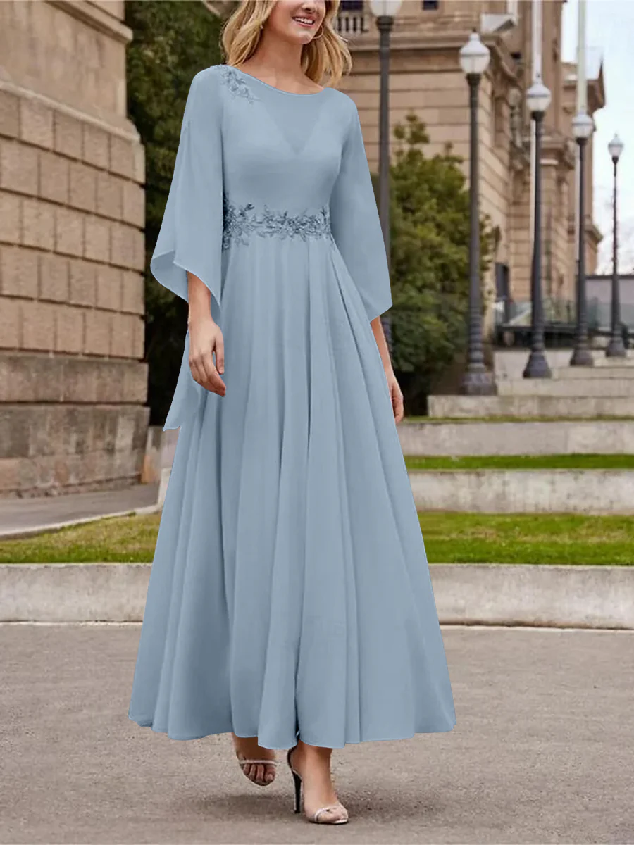 A-Line/Princess Jewel Neck 3/4 Length Sleeve Ankle-Length Mother of the Bride Dresses with Sequins - QUGEX