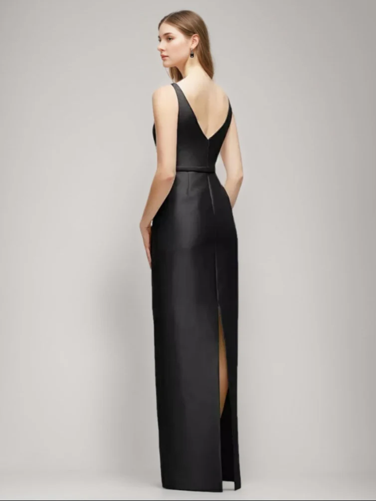 Sheath/Column Jewel Neck Sleeveless Wedding Guest Dresses with Bow Belt & Slit - QUGEX